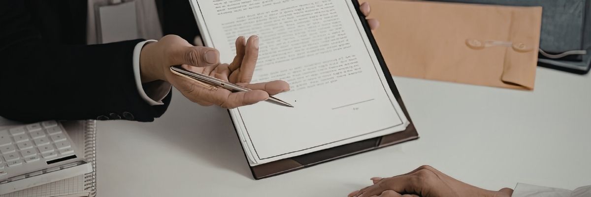 Agent reviewing a document with a client while discussing surety bond options at a desk